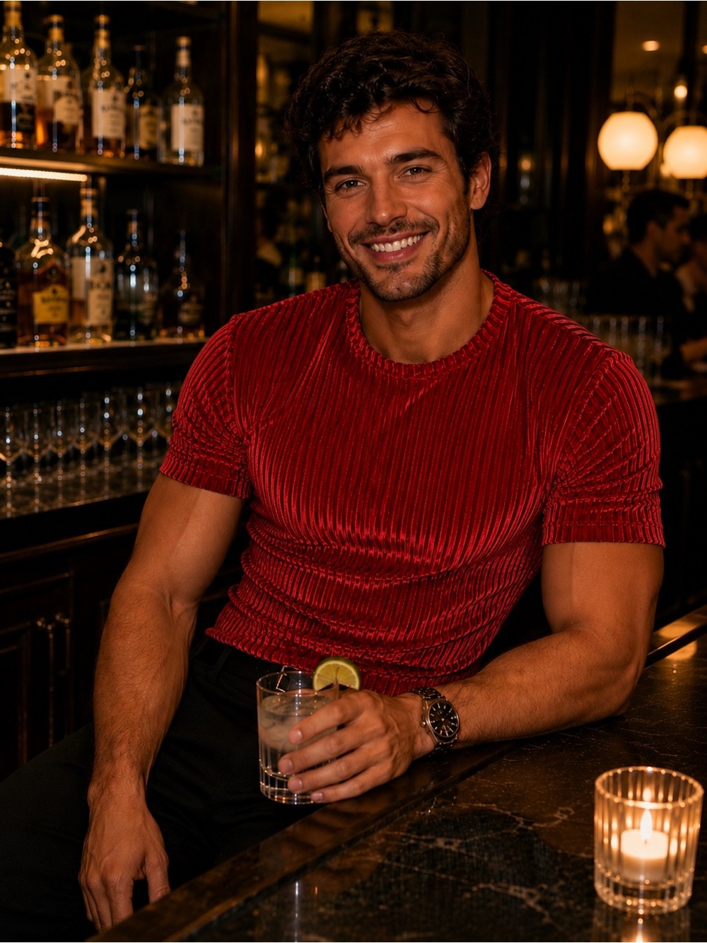 Men's Short Sleeve Ribbed Velvet Tee - Red